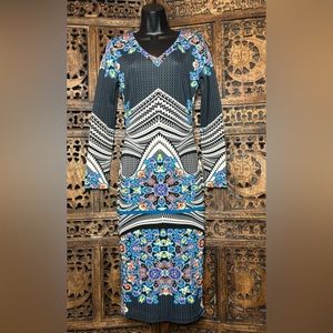 Fire Los Angeles Bodycon Midi Dress Size Small V-Neck Long Sleeve Stretch